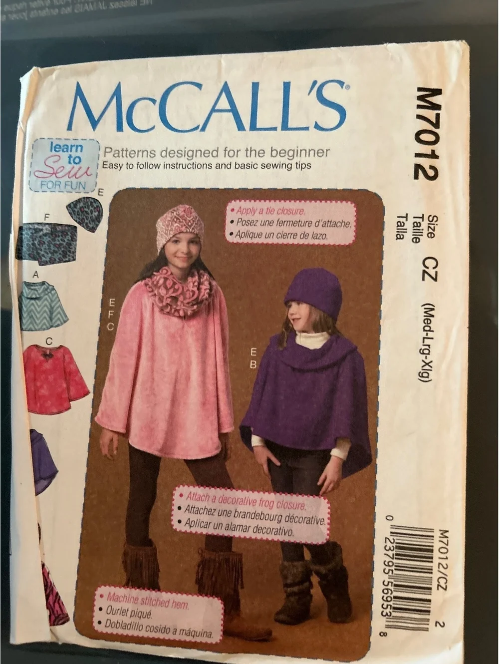 McCALL'S M7012 Sewing Pattern for Beginner Hats and Ponchos Size CZ (Med-Lrg Xl)